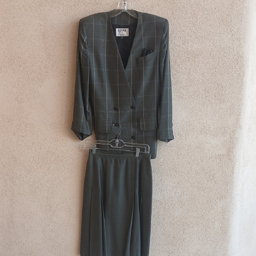 Kasper for ASL Vintage Skirt Suit Olive Green Windowpane Plaid Size 6 Blazer Set